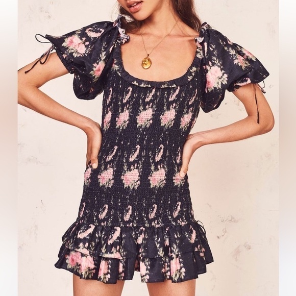 LOVESHACKFANCY puff sleeve smocked floral mini dress black pink floral - Picture 1 of 13